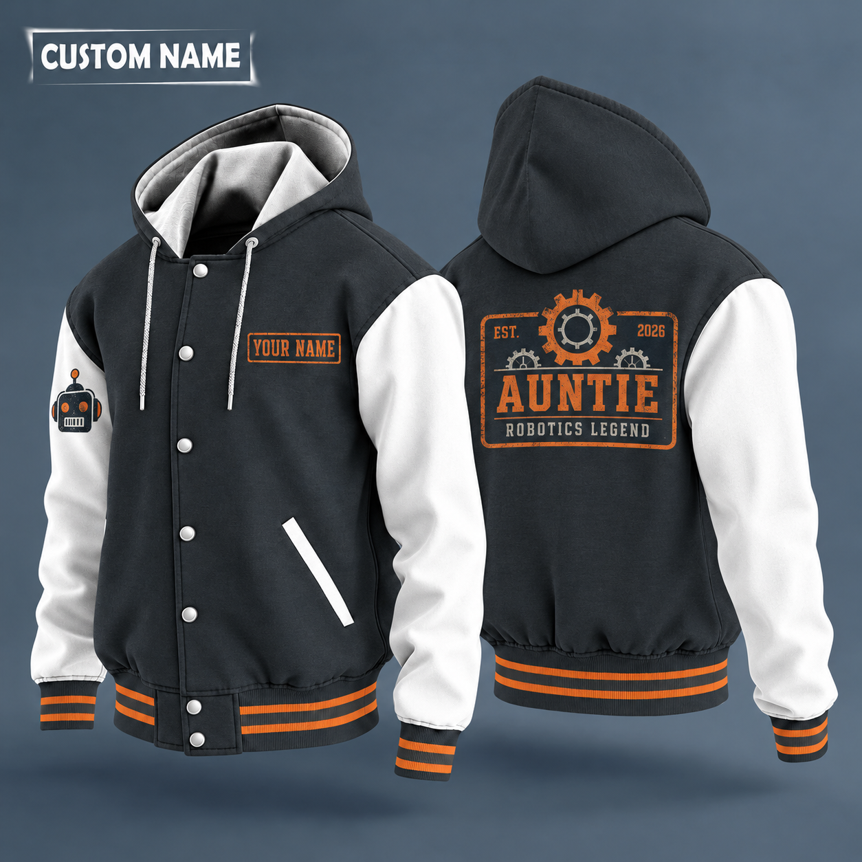 Hooded letterman jacket with white sleeves, gear on the back, "AUNTIE" lettering and a custom name on a work-shirt style name tag print on the chest
