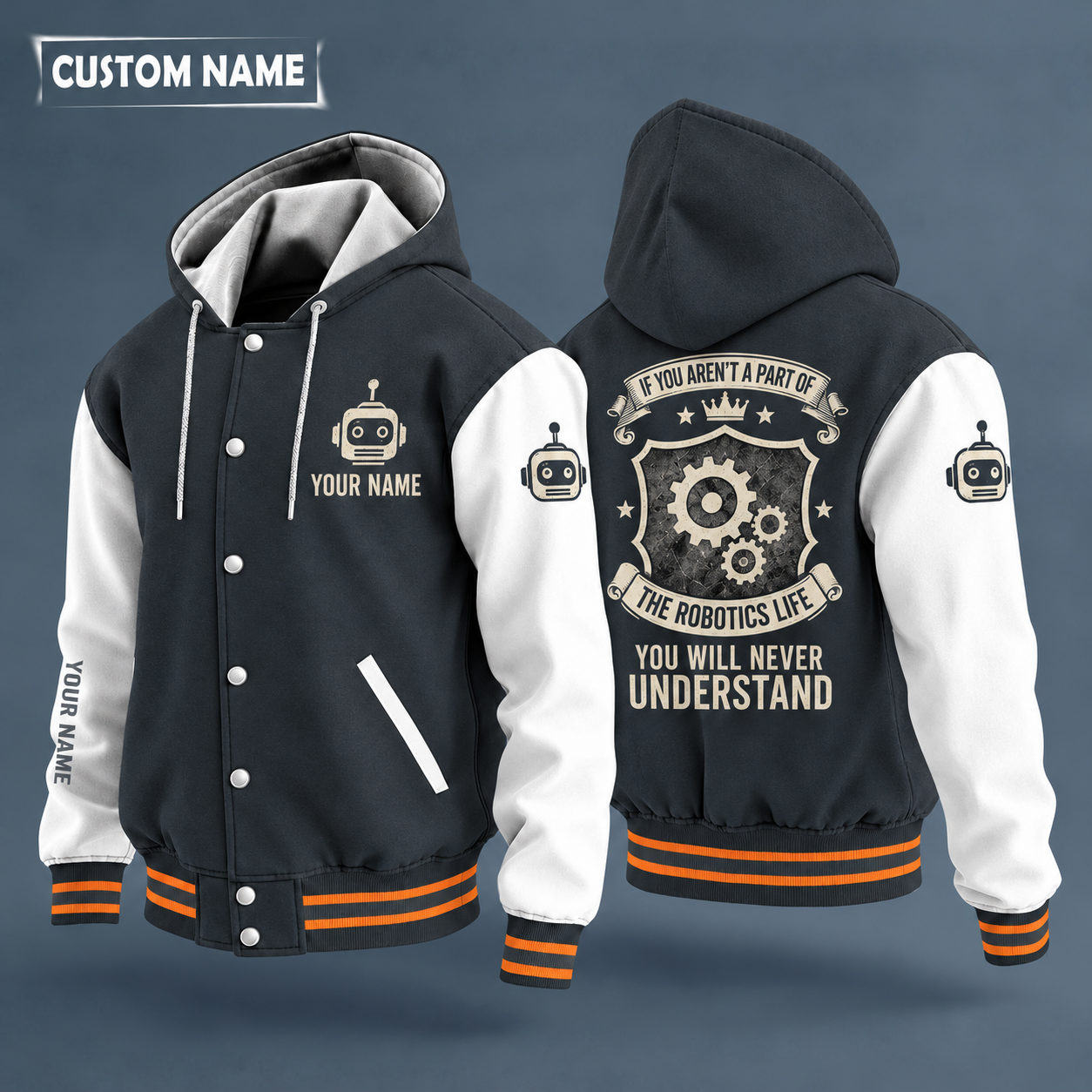 Hooded letterman jacket with white sleeves, gear on the back, "STEM" lettering and a custom name on the chest under a small icon