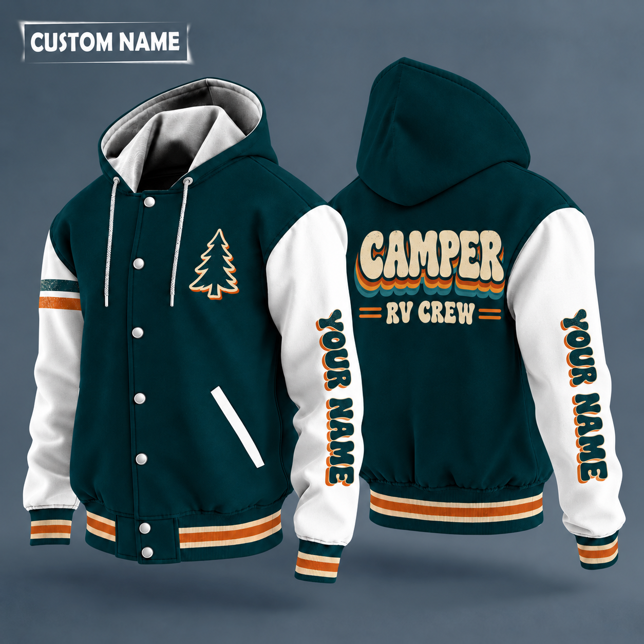 Hooded letterman jacket with white sleeves, vintage camper trailer on the back, "CAMPER" lettering and a custom name down one sleeve in a retro font