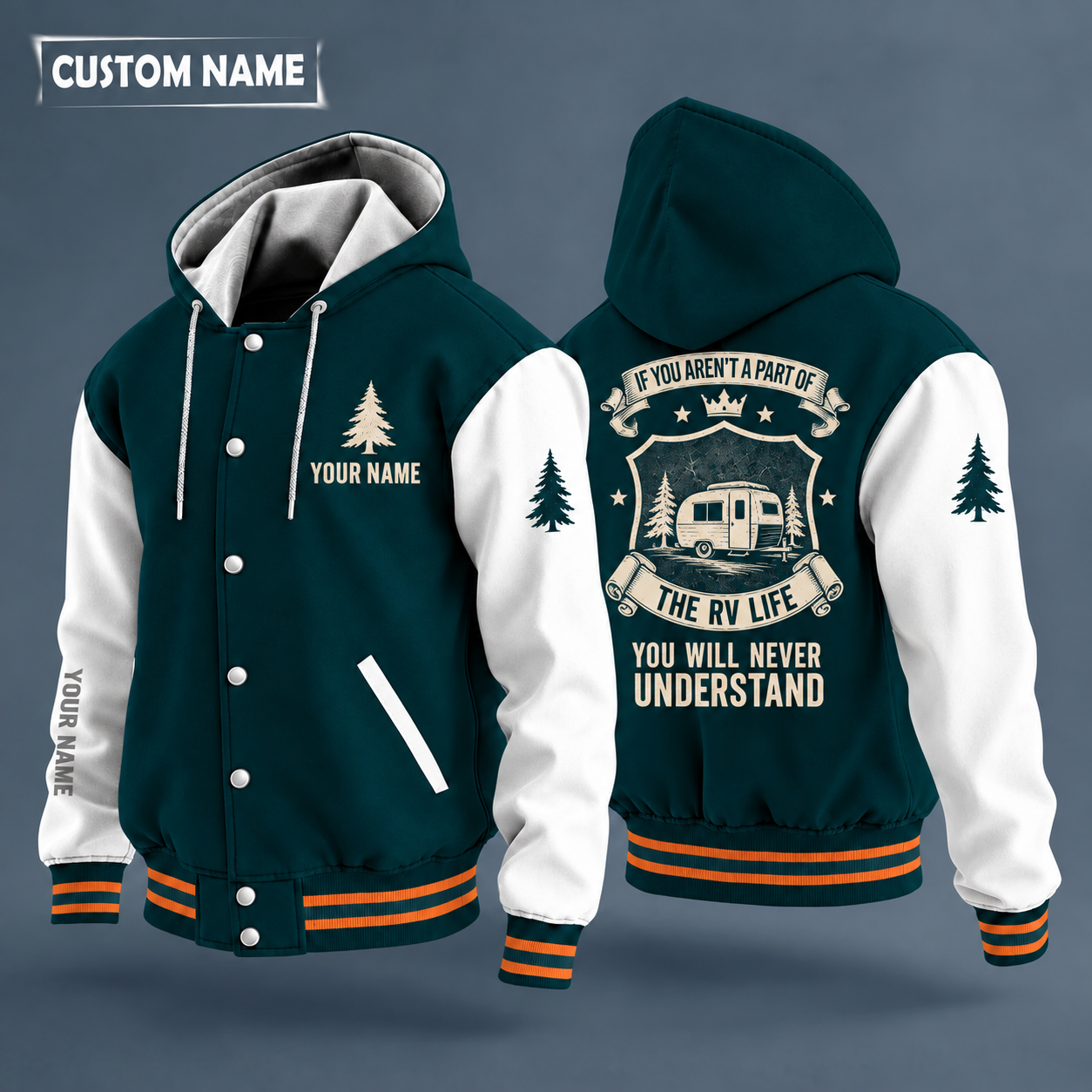 Hooded letterman jacket with white sleeves, vintage camper trailer on the back, "MOM" lettering and a custom name on the chest under a small icon