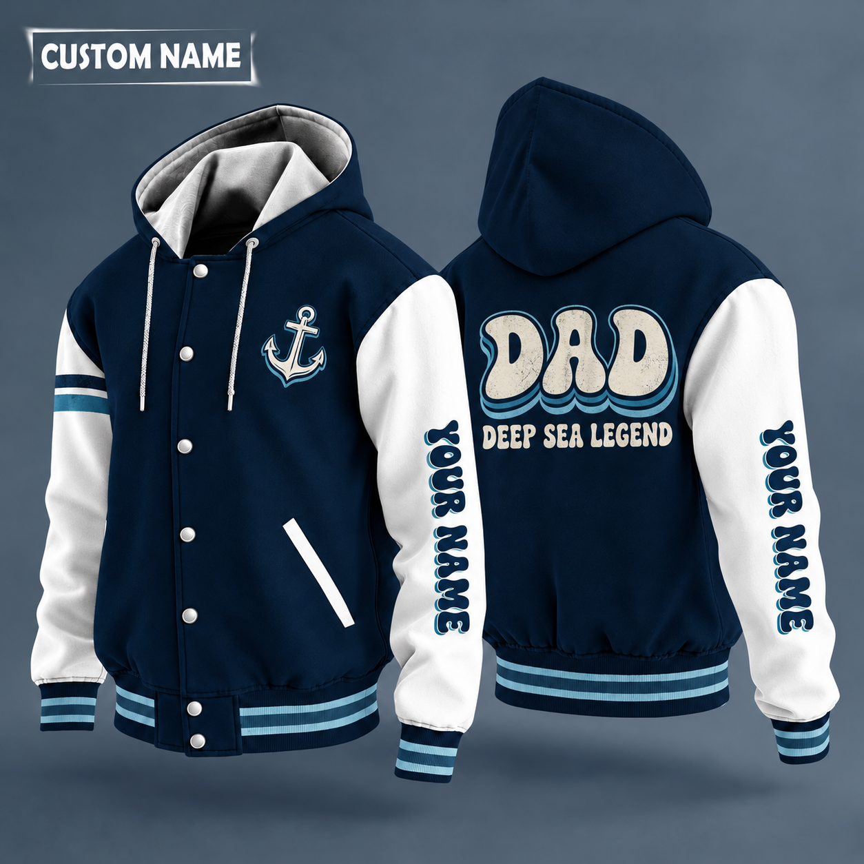 Hooded letterman jacket with white sleeves, marlin on the back, "DAD" lettering and a custom name down one sleeve in a retro font