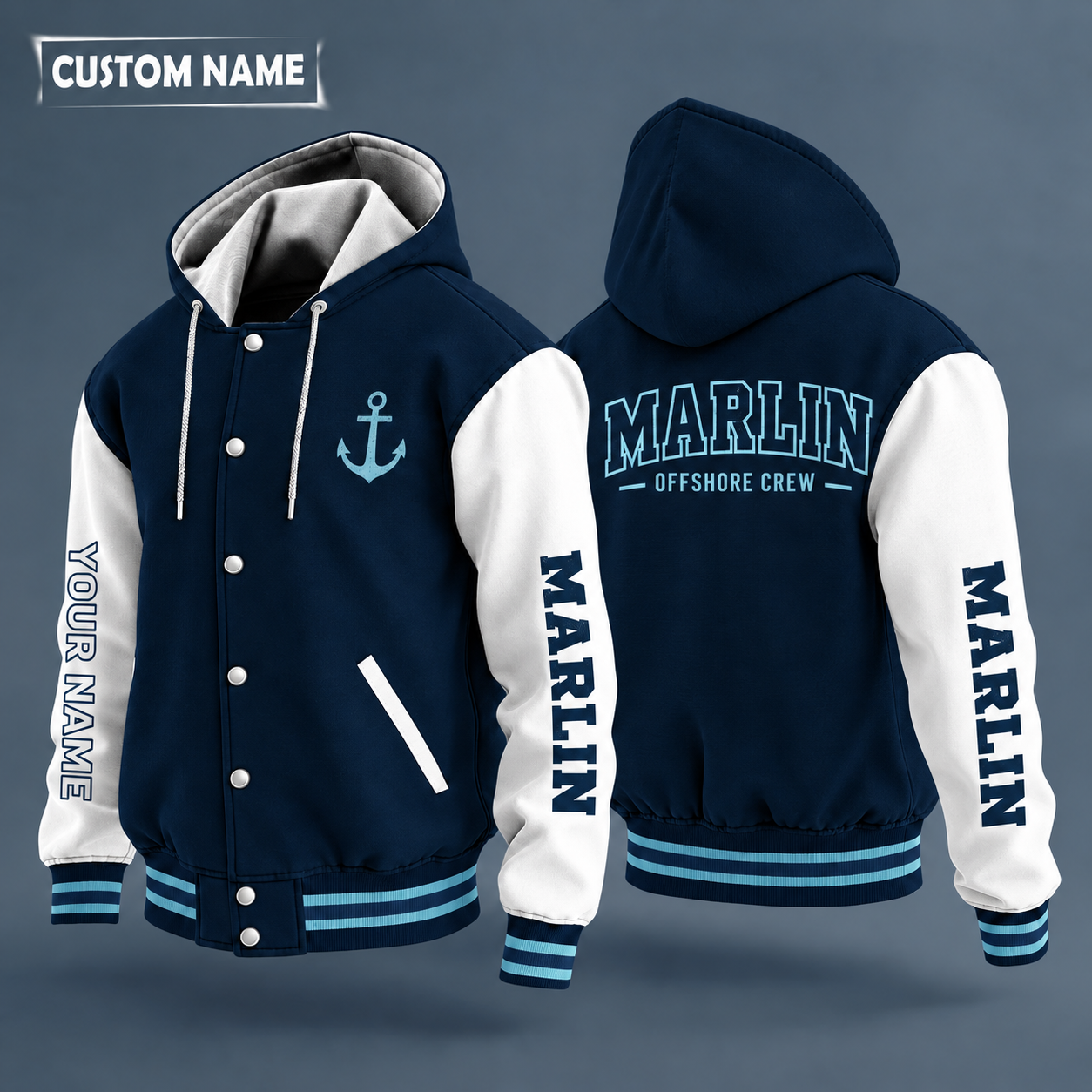 Hooded letterman jacket with white sleeves, marlin on the back, "MARLIN" lettering and a custom name down one sleeve in outlined capitals