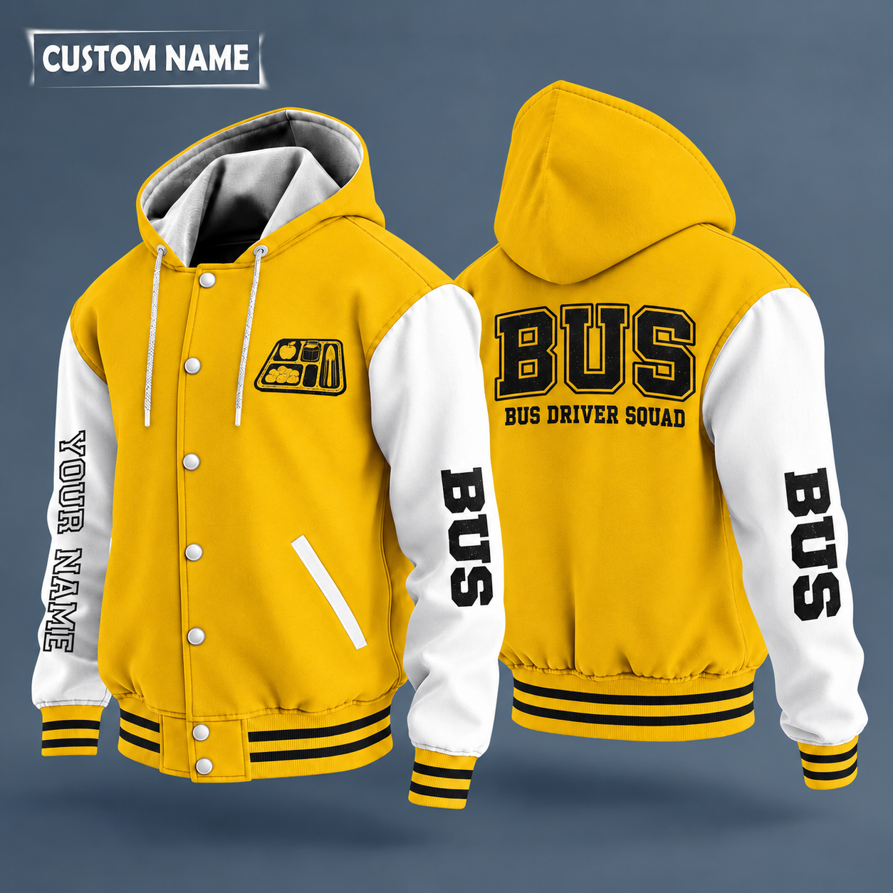 Hooded letterman jacket with white sleeves, school bus on the back, "BUS" lettering and a custom name down one sleeve in outlined capitals