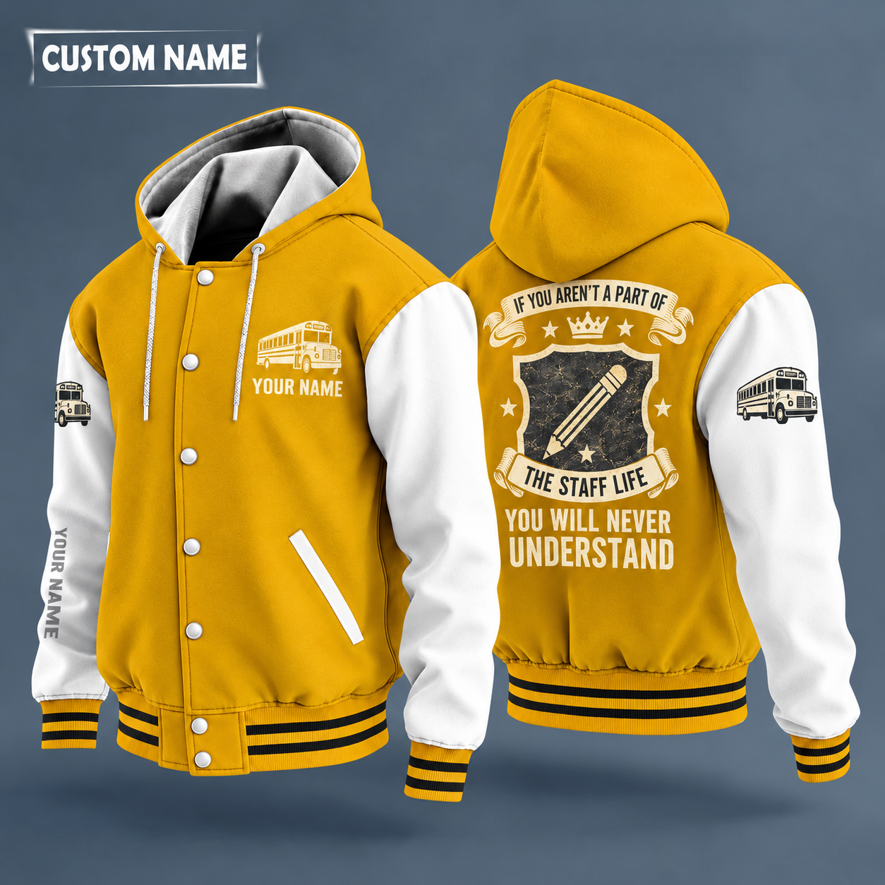 Hooded letterman jacket with white sleeves, pencil on the back, "PARA" lettering and a custom name on the chest under a small icon