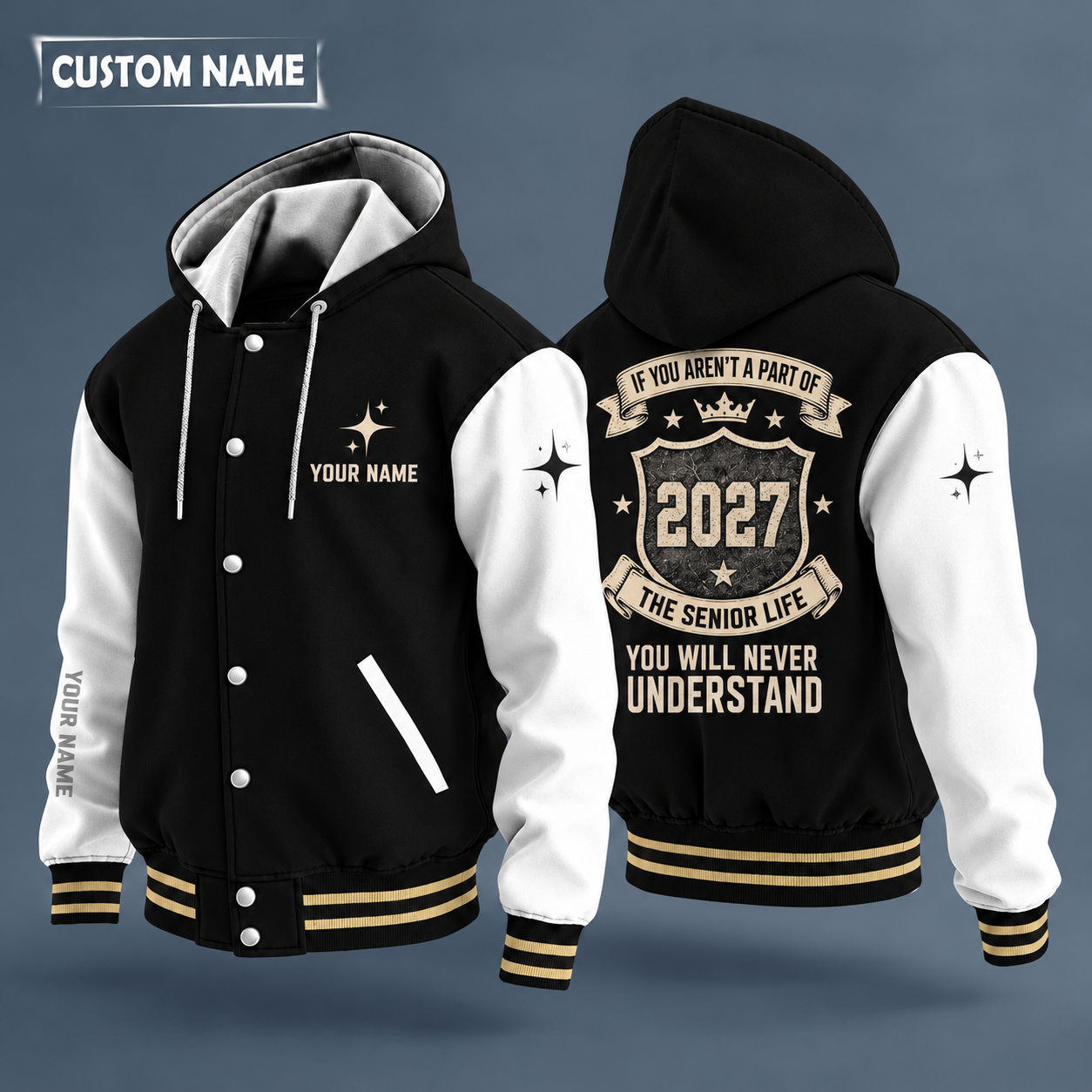 Hooded letterman jacket with white sleeves, the numerals 2027 in varsity block on the back, "SENIOR" lettering and a custom name on the chest under a small icon