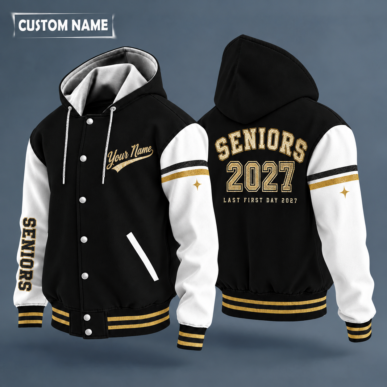 Hooded letterman jacket with white sleeves, the numerals 2027 in varsity block on the back, "SENIORS" lettering and a custom name in script on the chest