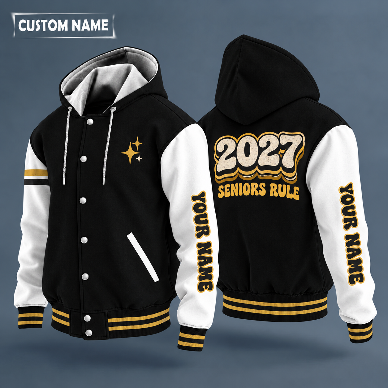 Hooded letterman jacket with white sleeves, the numerals 2027 in varsity block on the back, "2027" lettering and a custom name down one sleeve in a retro font