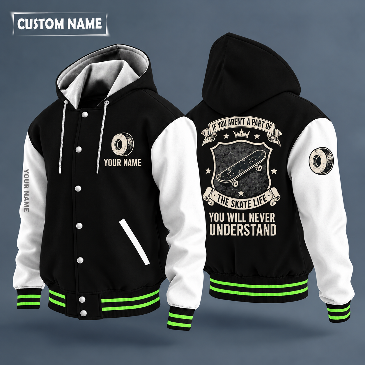 Hooded letterman jacket with white sleeves, skateboard deck on the back, "SKATE" lettering and a custom name on the chest under a small icon