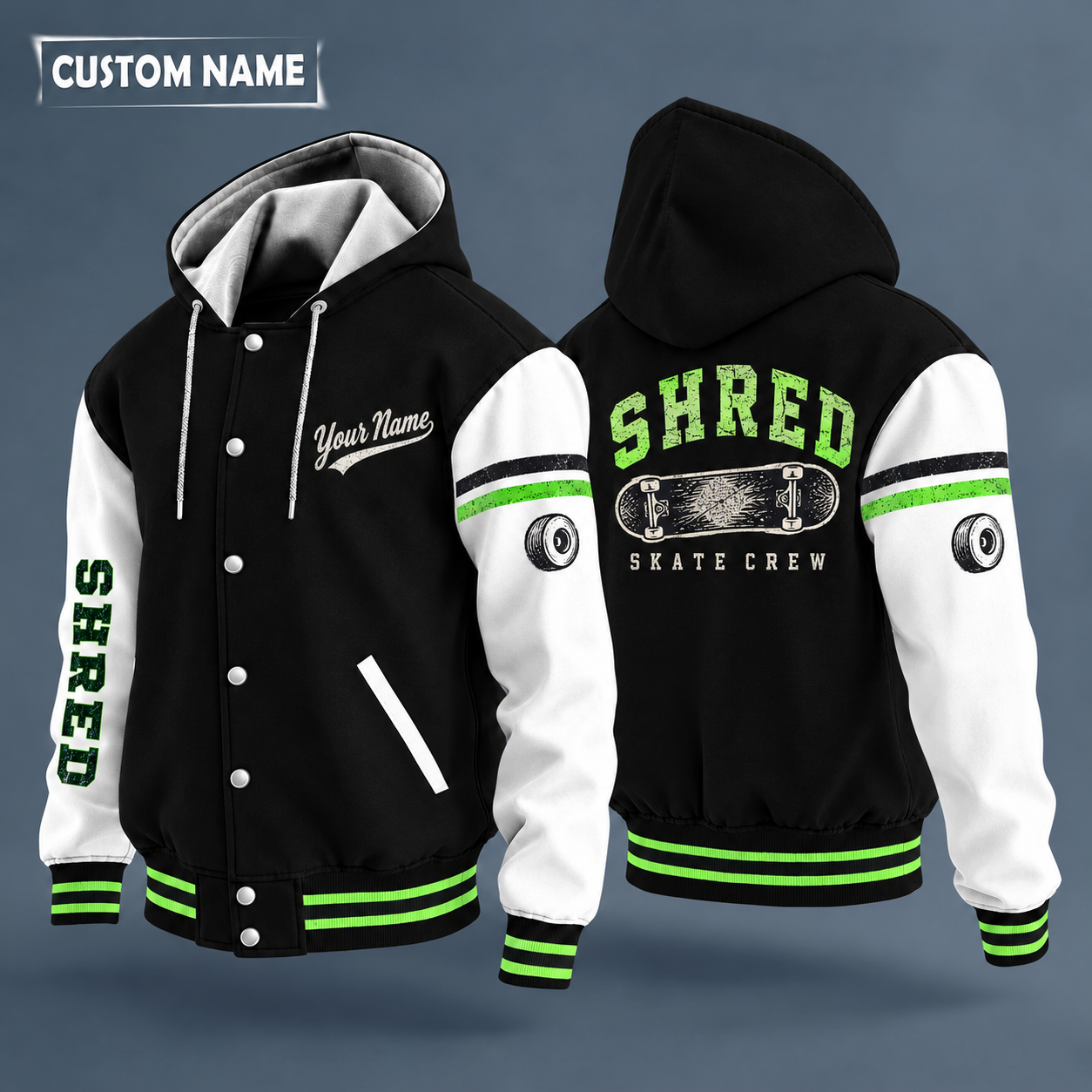 Hooded letterman jacket with white sleeves, skateboard deck on the back, "SHRED" lettering and a custom name in script on the chest
