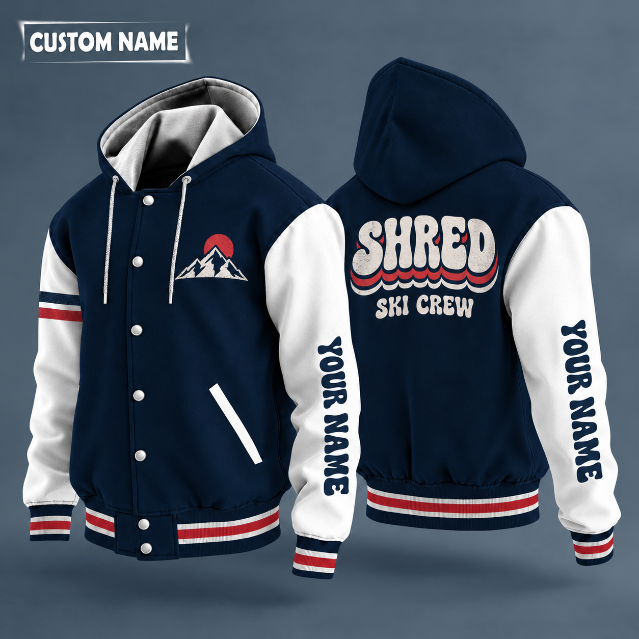 Hooded letterman jacket with white sleeves, crossed skis on the back, "SHRED" lettering and a custom name down one sleeve in a retro font