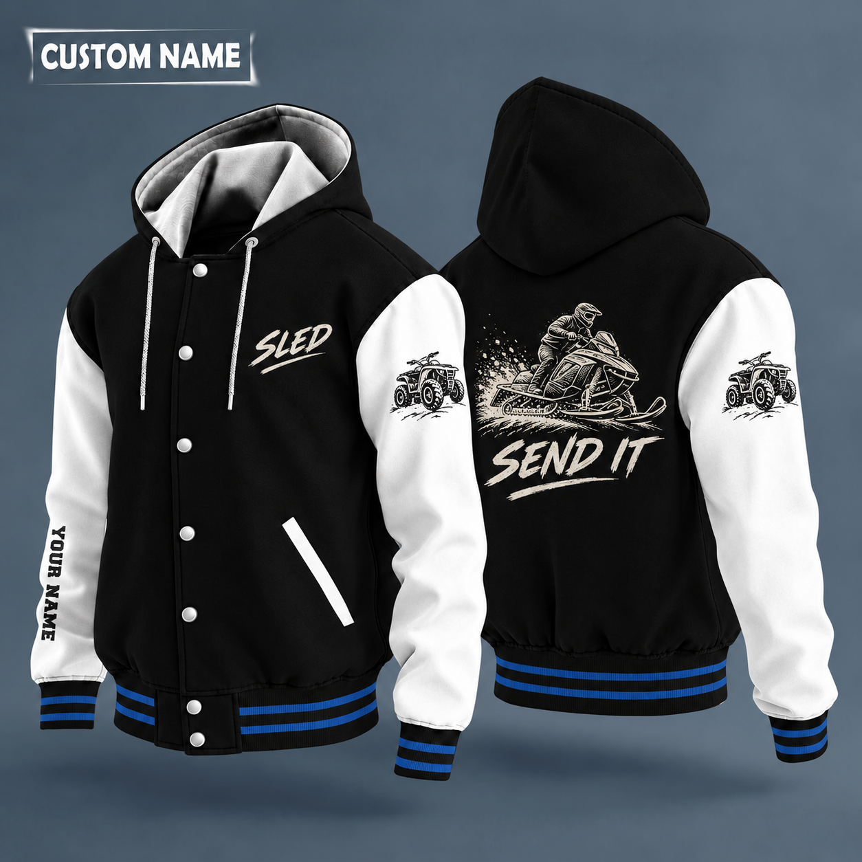Hooded letterman jacket with white sleeves, snowmobile on the back, "SLED" lettering and a custom name down one sleeve