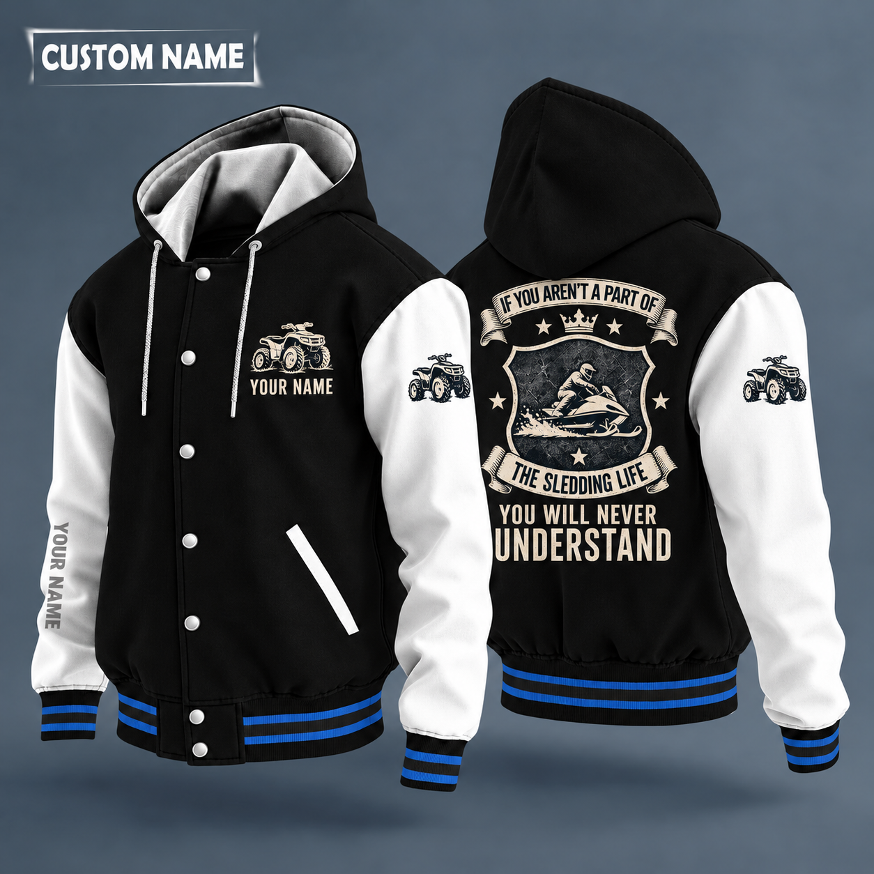 Hooded letterman jacket with white sleeves, snowmobile on the back, "MOM" lettering and a custom name on the chest under a small icon
