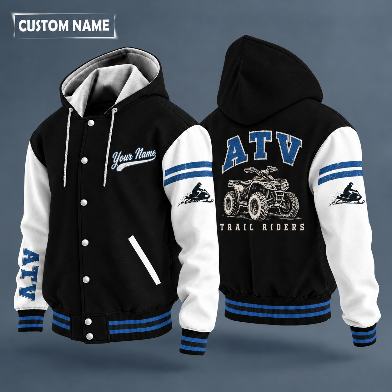 Hooded letterman jacket with white sleeves, atv quad bike on the back, "ATV" lettering and a custom name in script on the chest