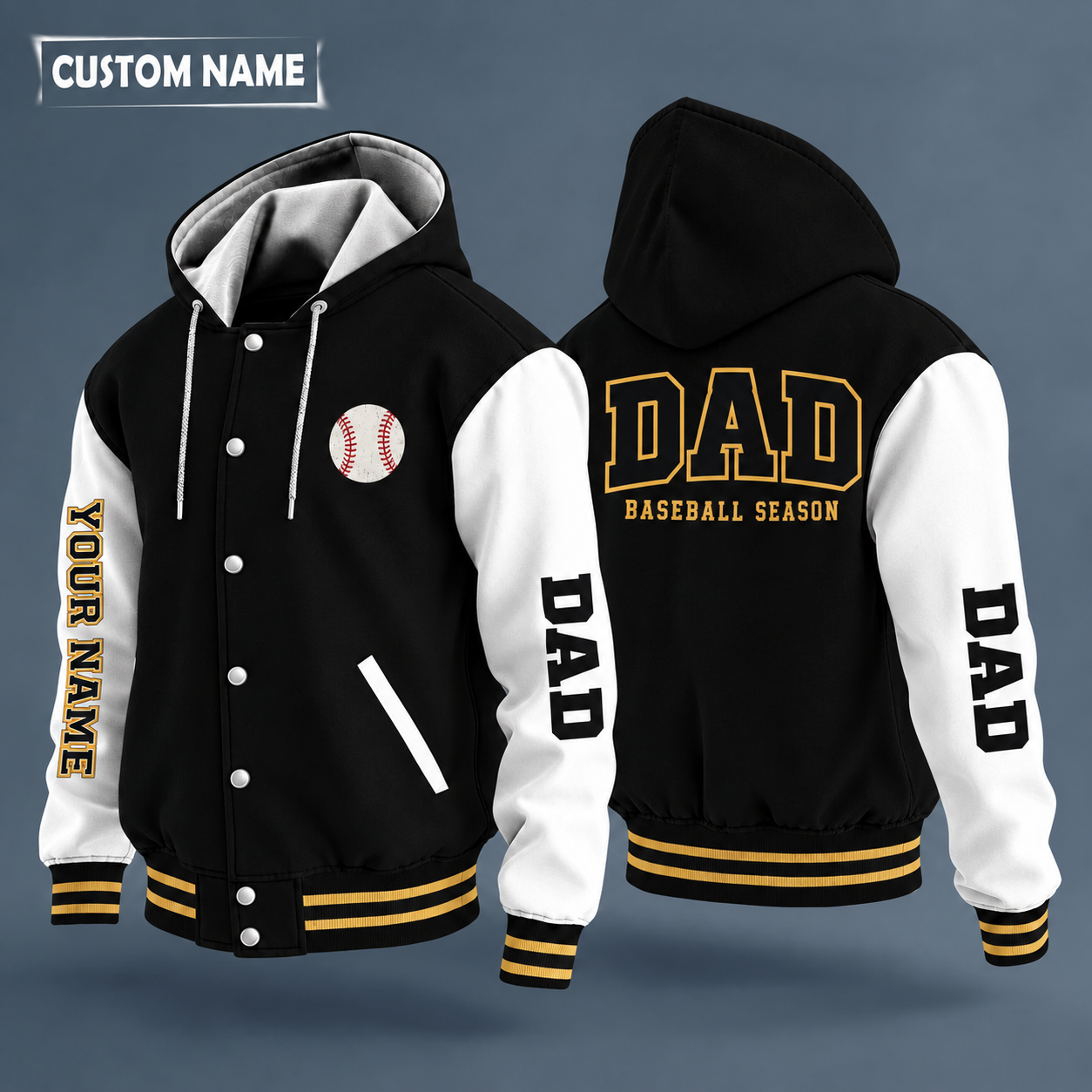 Hooded letterman jacket with white sleeves, baseball with red stitches on the back, "DAD" lettering and a custom name down one sleeve in outlined capitals