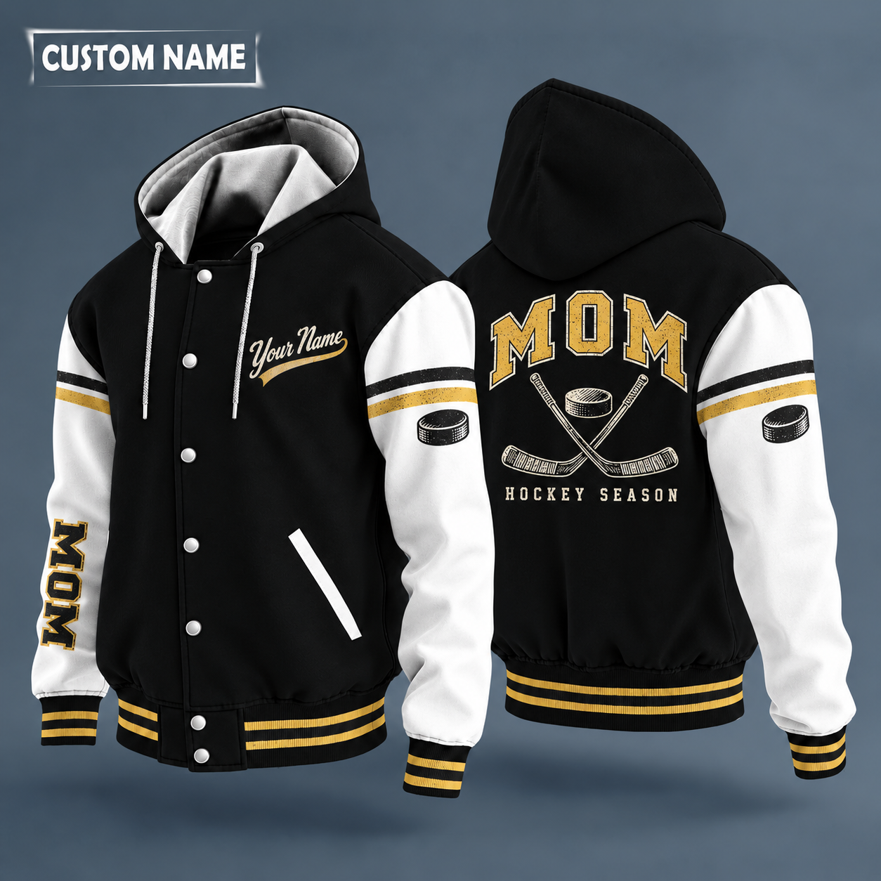 Hooded letterman jacket with white sleeves, puck and crossed hockey sticks on the back, "MOM" lettering and a custom name in script on the chest