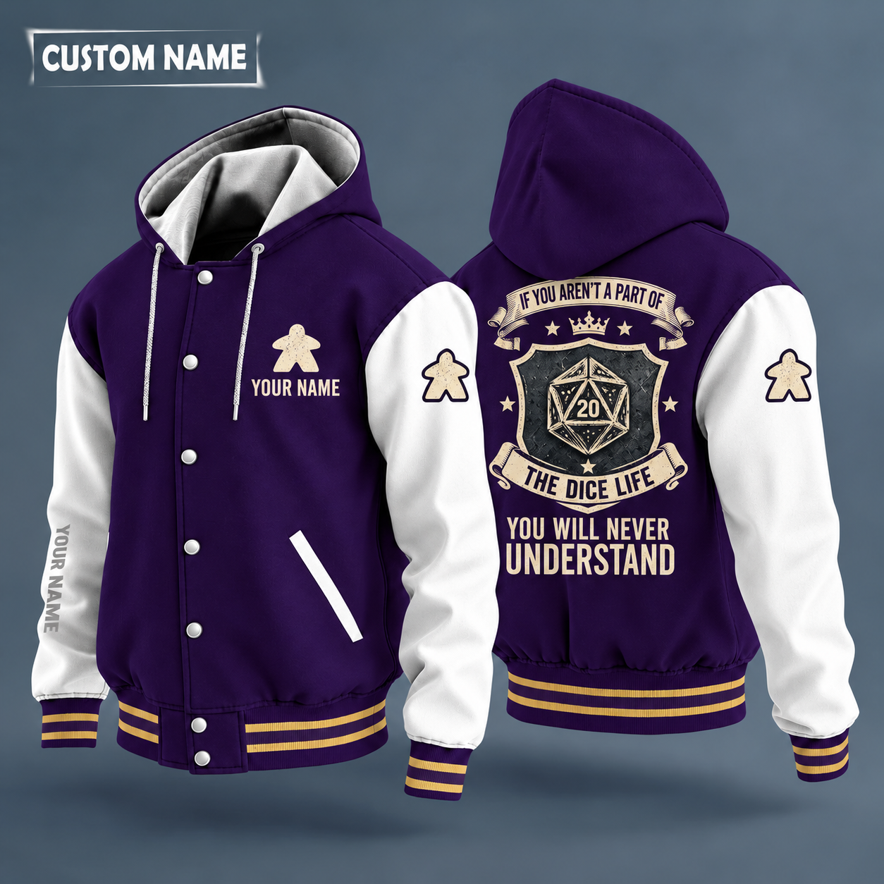 Hooded letterman jacket with white sleeves, d20 dice on the back, "AUNTIE" lettering and a custom name on the chest under a small icon