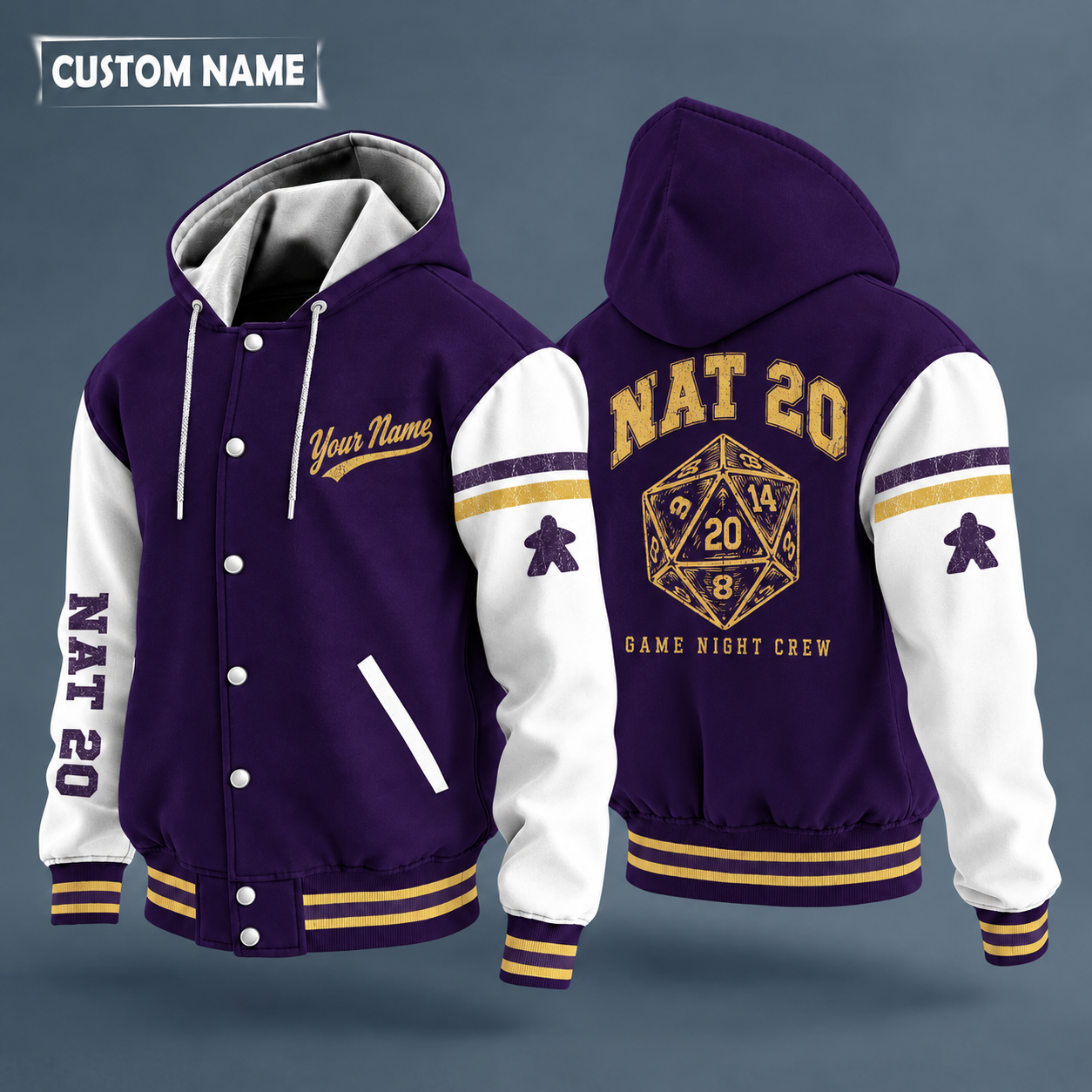 Hooded letterman jacket with white sleeves, d20 dice on the back, "NAT 20" lettering and a custom name in script on the chest