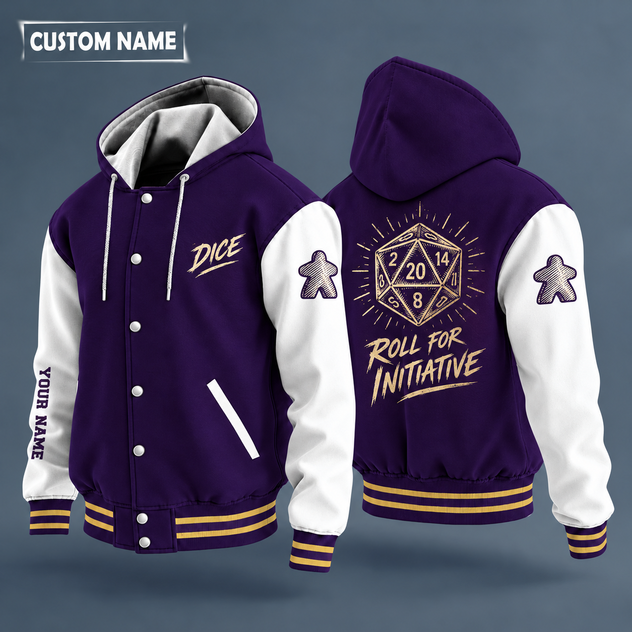 Hooded letterman jacket with white sleeves, d20 dice on the back, "DICE" lettering and a custom name down one sleeve