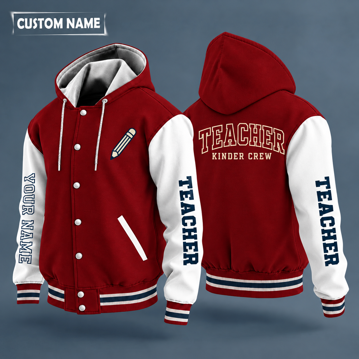 Hooded letterman jacket with white sleeves, apple on the back, "TEACHER" lettering and a custom name down one sleeve in outlined capitals