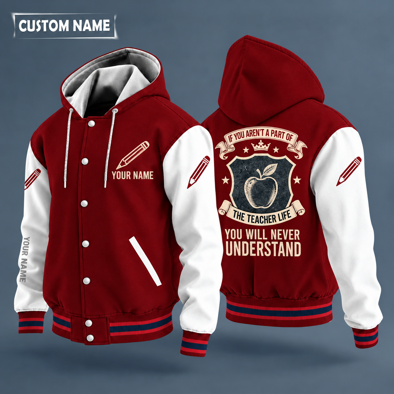 Hooded letterman jacket with white sleeves, apple on the back, "TEACH" lettering and a custom name on the chest under a small icon