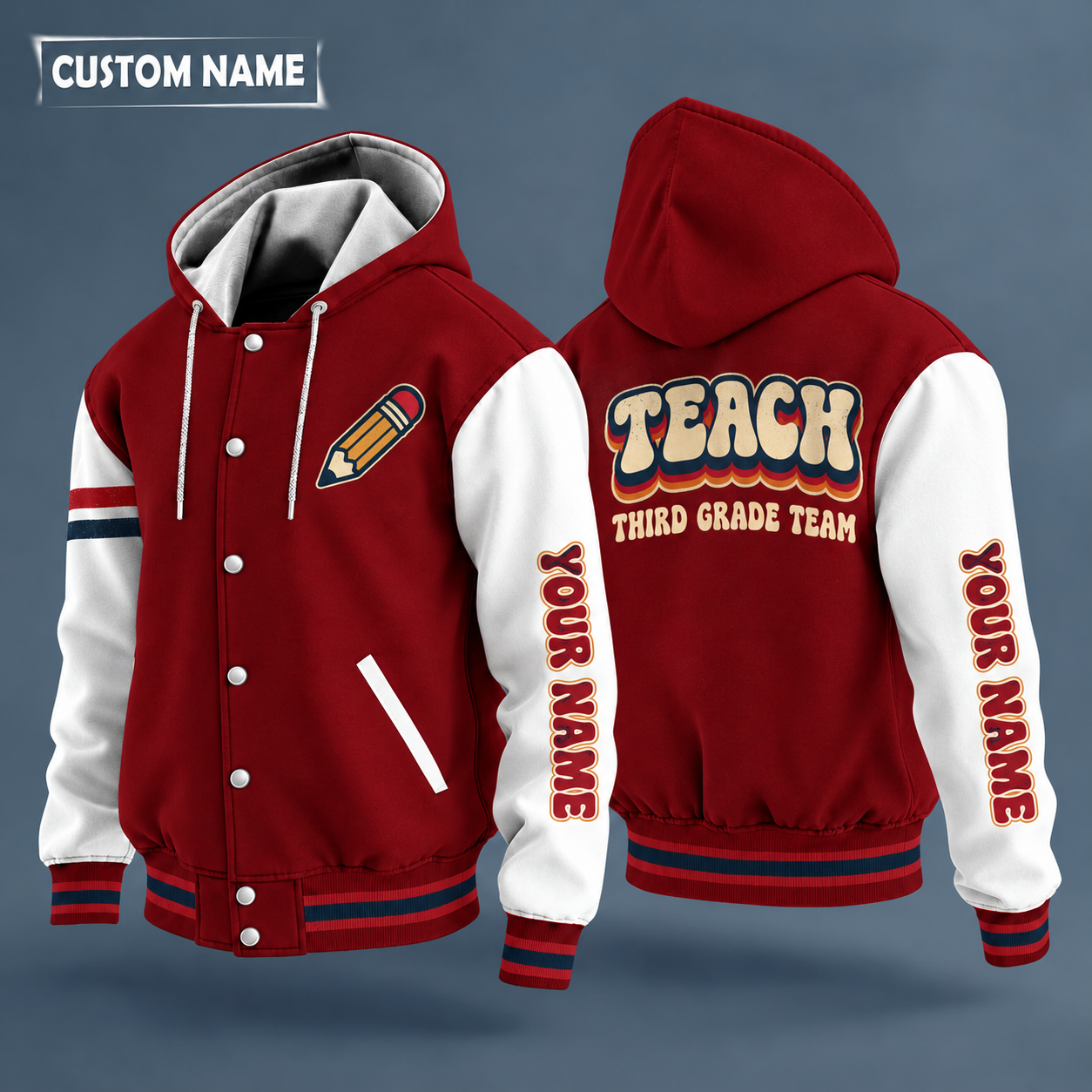Hooded letterman jacket with white sleeves, apple on the back, "TEACH" lettering and a custom name down one sleeve in a retro font