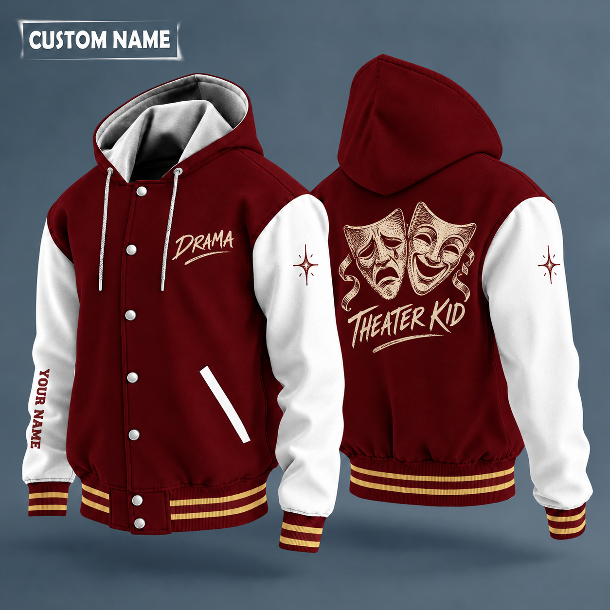Hooded letterman jacket with white sleeves, comedy tragedy masks on the back, "DRAMA" lettering and a custom name down one sleeve