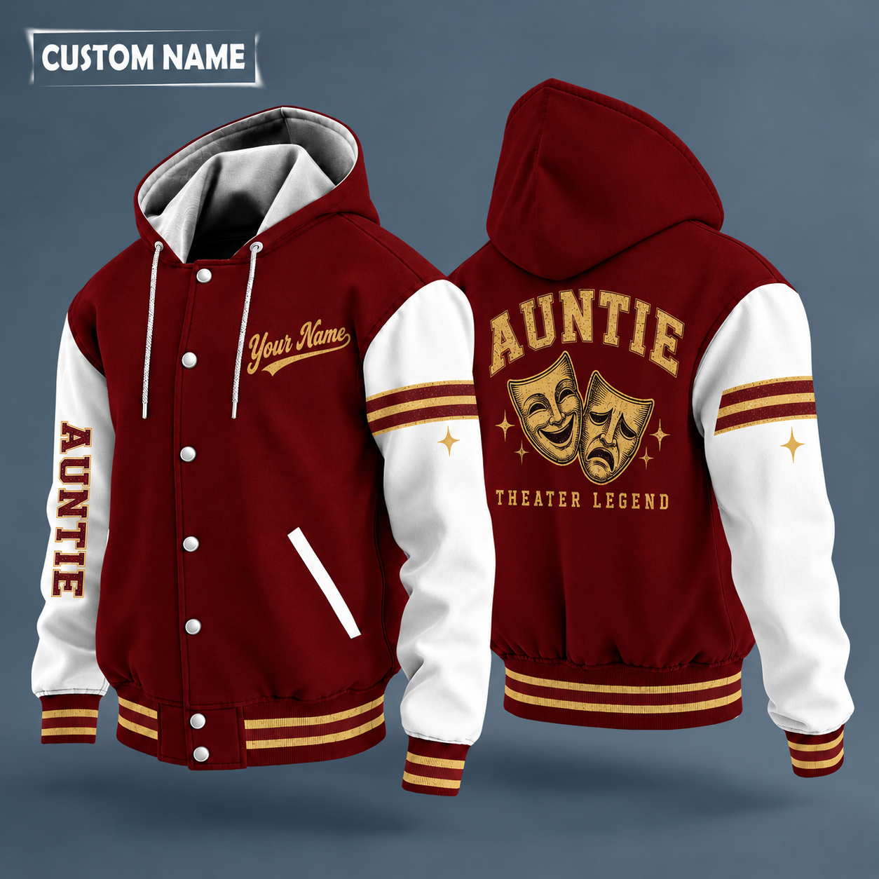 Hooded letterman jacket with white sleeves, comedy tragedy masks on the back, "AUNTIE" lettering and a custom name in script on the chest