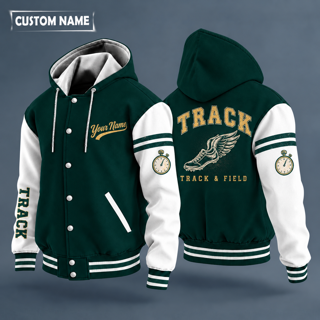 Hooded letterman jacket with white sleeves, winged running shoe on the back, "TRACK" lettering and a custom name in script on the chest