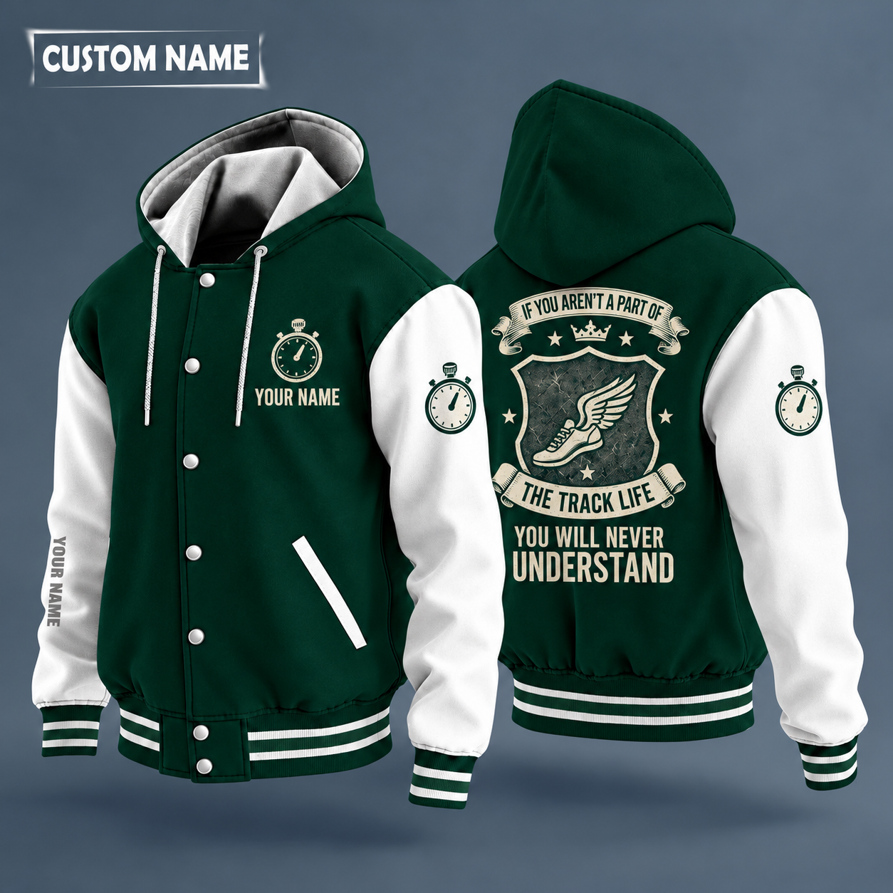 Hooded letterman jacket with white sleeves, winged running shoe on the back, "MOM" lettering and a custom name on the chest under a small icon
