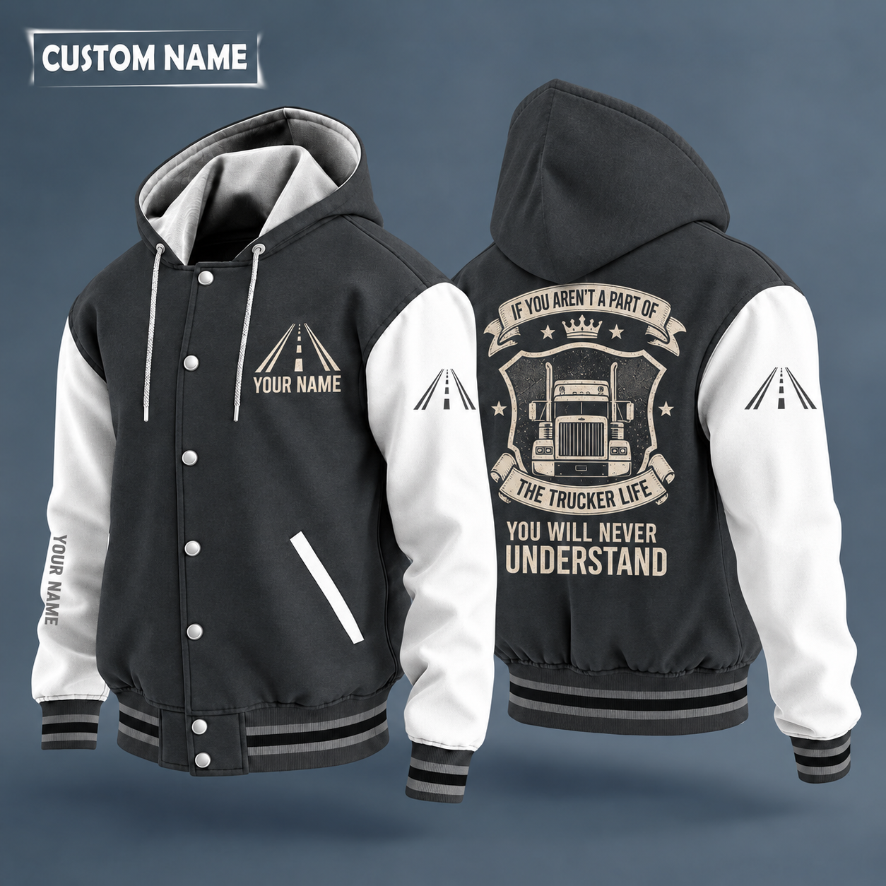 Hooded letterman jacket with white sleeves, semi truck front with no brand badge on the back, "18 WHEEL" lettering and a custom name on the chest under a small icon