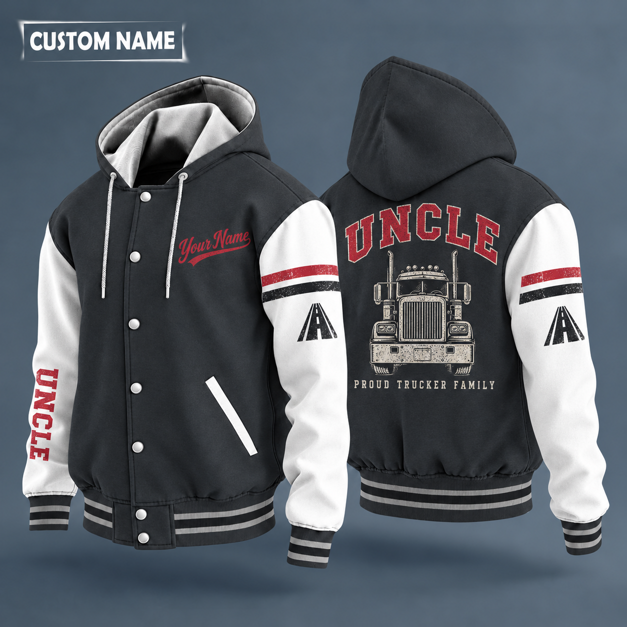 Hooded letterman jacket with white sleeves, semi truck front with no brand badge on the back, "UNCLE" lettering and a custom name in script on the chest