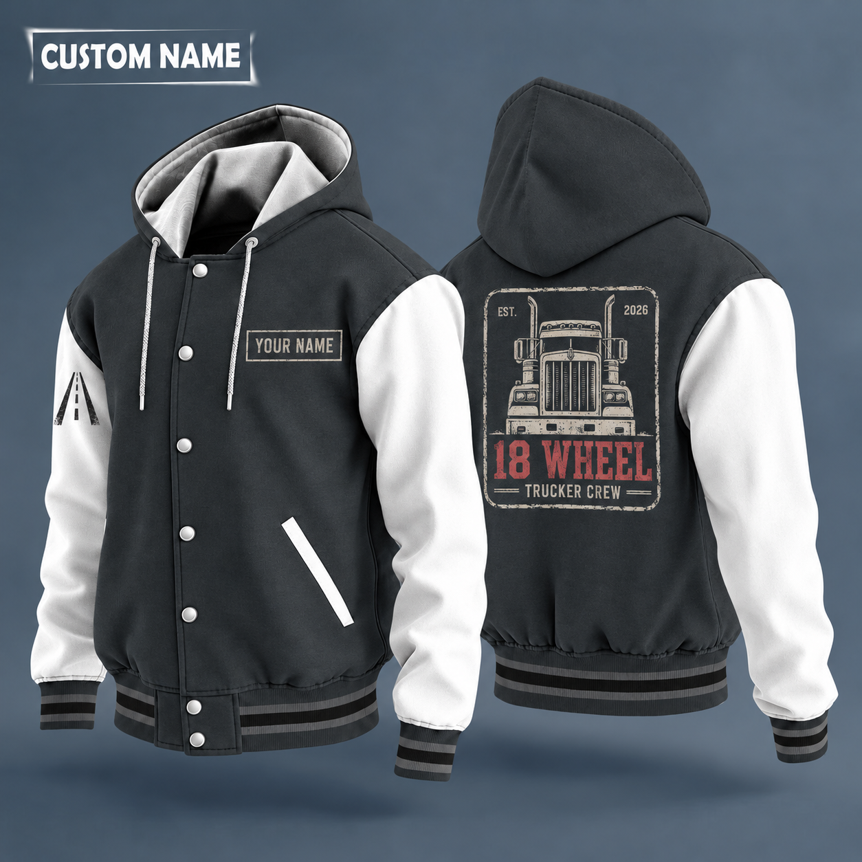 Hooded letterman jacket with white sleeves, semi truck front with no brand badge on the back, "18 WHEEL" lettering and a custom name on a work-shirt style name tag print on the chest