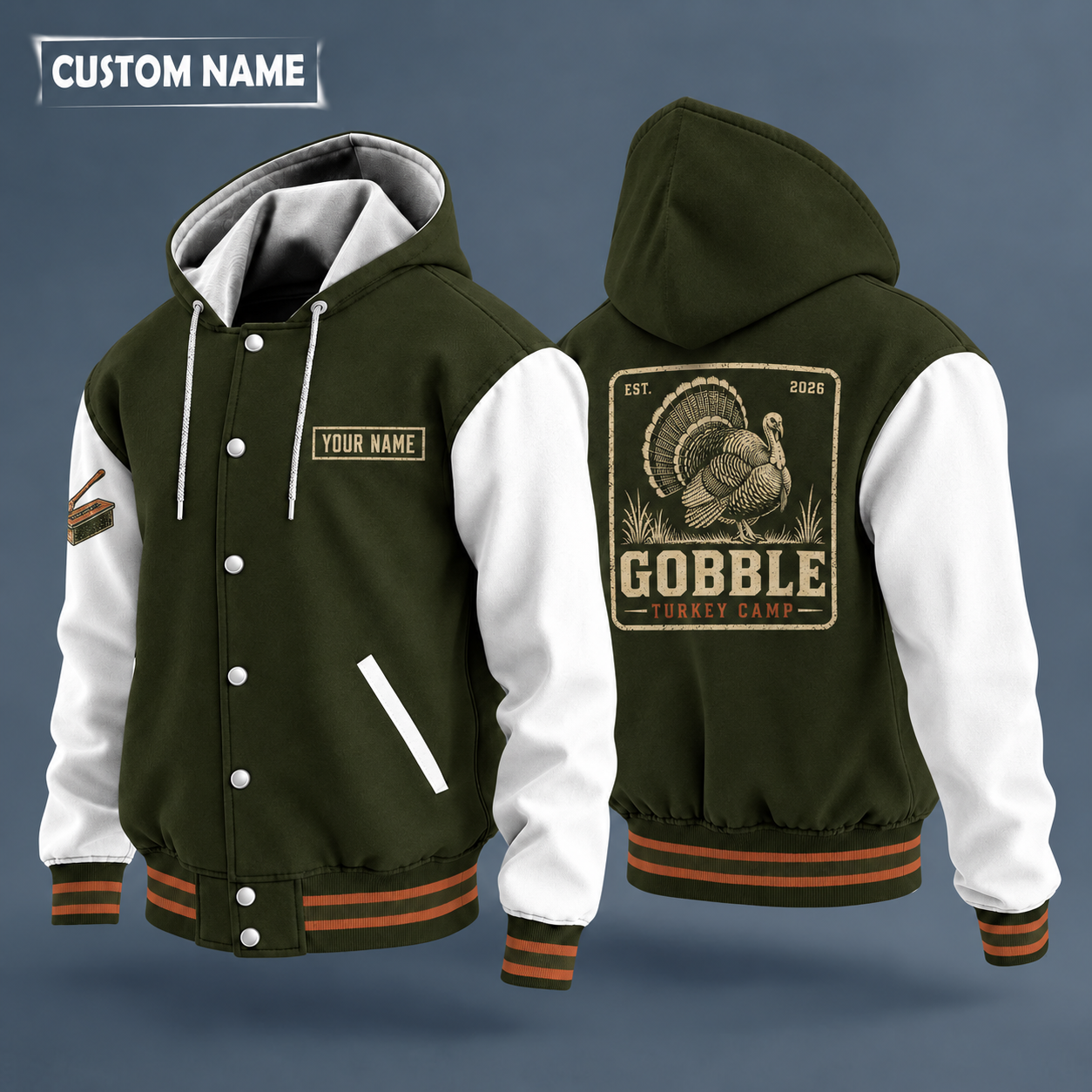 Hooded letterman jacket with white sleeves, strutting turkey on the back, "GOBBLE" lettering and a custom name on a work-shirt style name tag print on the chest