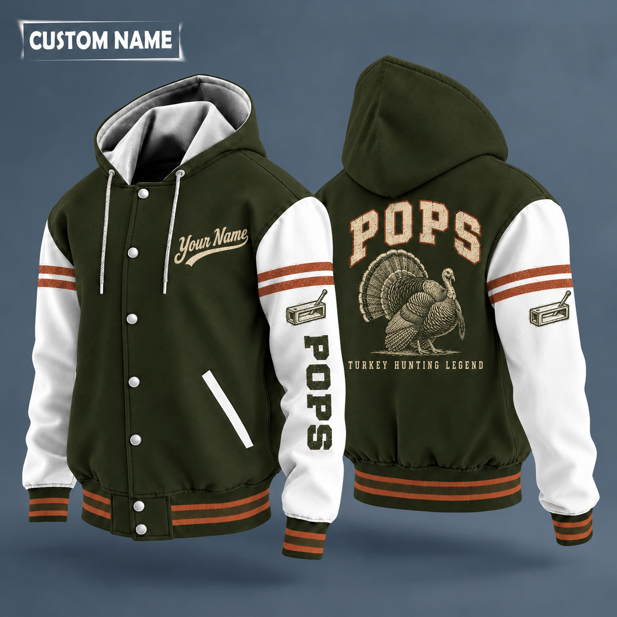 Hooded letterman jacket with white sleeves, strutting turkey on the back, "POPS" lettering and a custom name in script on the chest