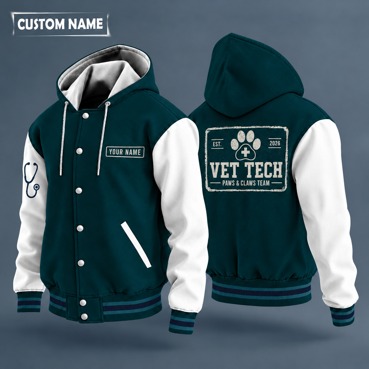 Hooded letterman jacket with white sleeves, paw print with a small white plus sign (never red) on the back, "VET TECH" lettering and a custom name on a work-shirt style name tag print on the chest