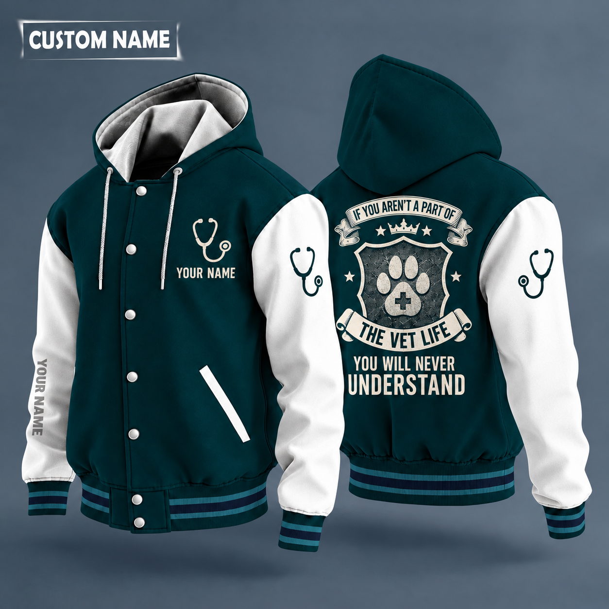 Hooded letterman jacket with white sleeves, paw print with a small white plus sign (never red) on the back, "VET" lettering and a custom name on the chest under a small icon