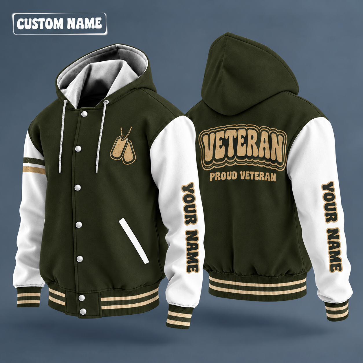 Hooded letterman jacket with white sleeves, five-point star on the back, "VETERAN" lettering and a custom name down one sleeve in a retro font