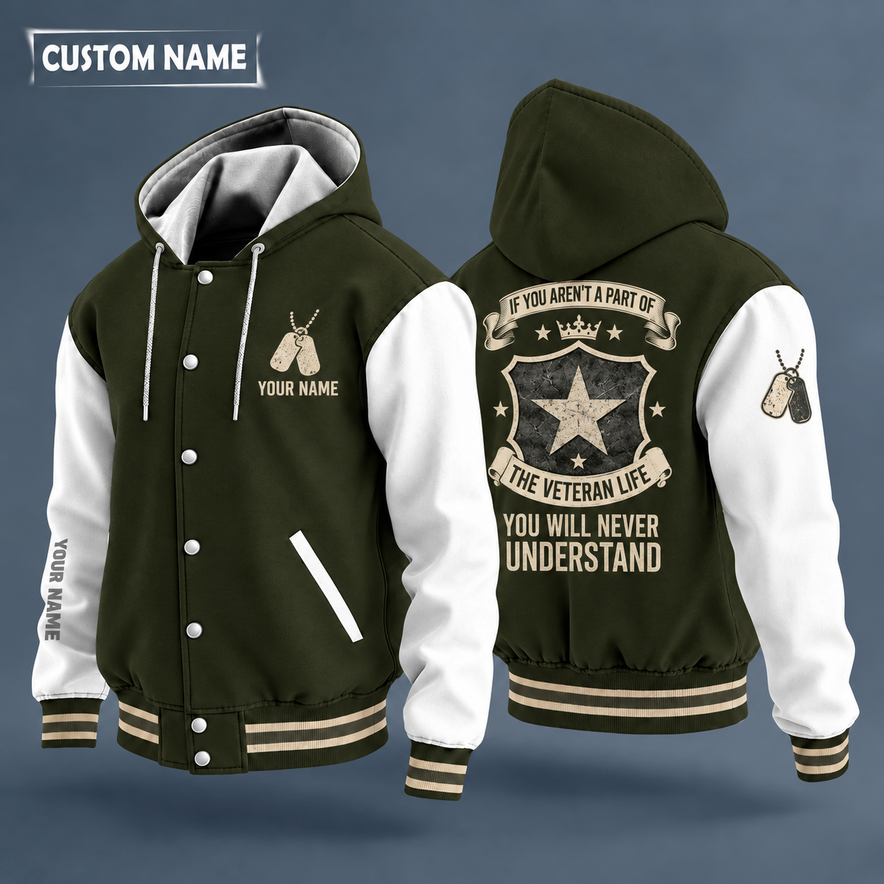 Hooded letterman jacket with white sleeves, five-point star on the back, "GIGI" lettering and a custom name on the chest under a small icon