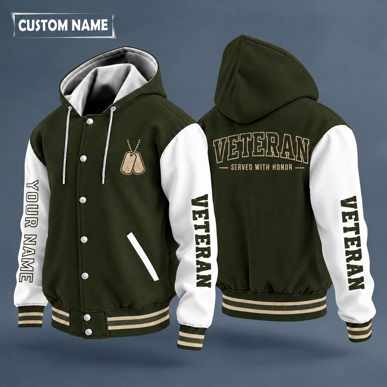 Hooded letterman jacket with white sleeves, five-point star on the back, "VETERAN" lettering and a custom name down one sleeve in outlined capitals