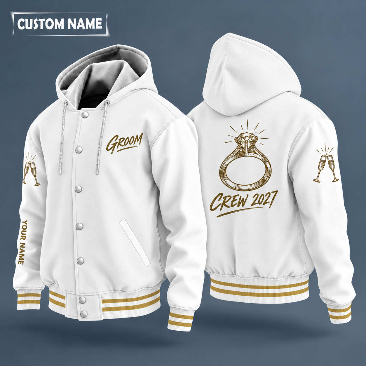 Hooded letterman jacket with white sleeves, diamond ring on the back, "GROOM" lettering and a custom name down one sleeve