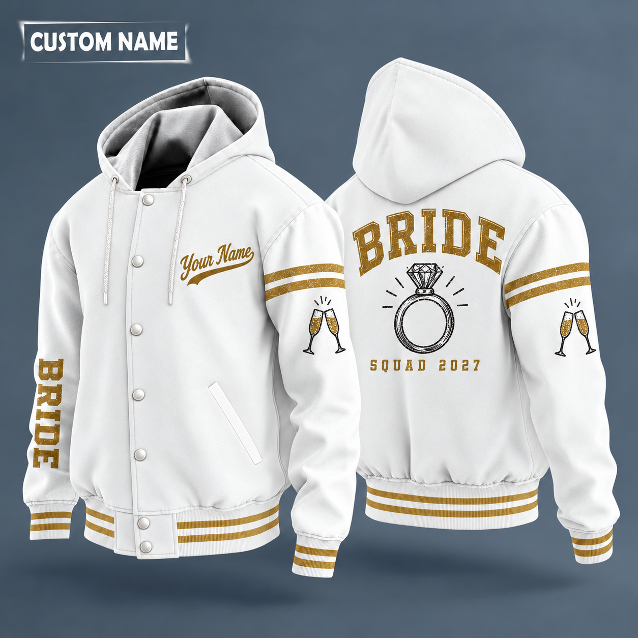 Hooded letterman jacket with white sleeves, diamond ring on the back, "BRIDE" lettering and a custom name in script on the chest