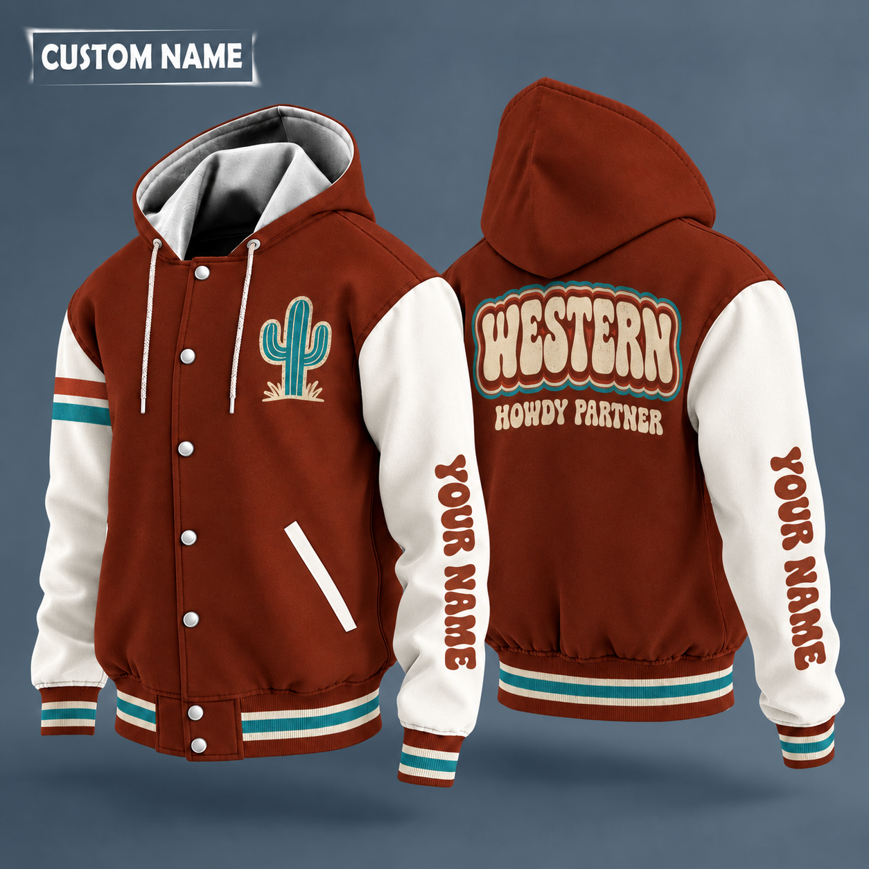 Hooded letterman jacket with white sleeves, cowboy hat on the back, "WESTERN" lettering and a custom name down one sleeve in a retro font