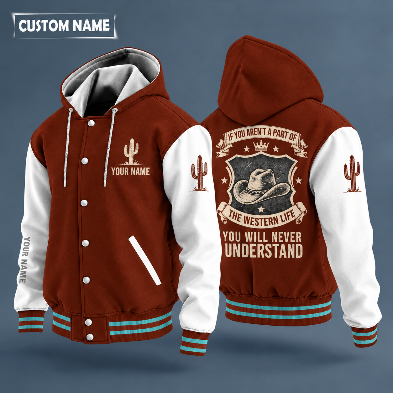 Hooded letterman jacket with white sleeves, cowboy hat on the back, "POPS" lettering and a custom name on the chest under a small icon