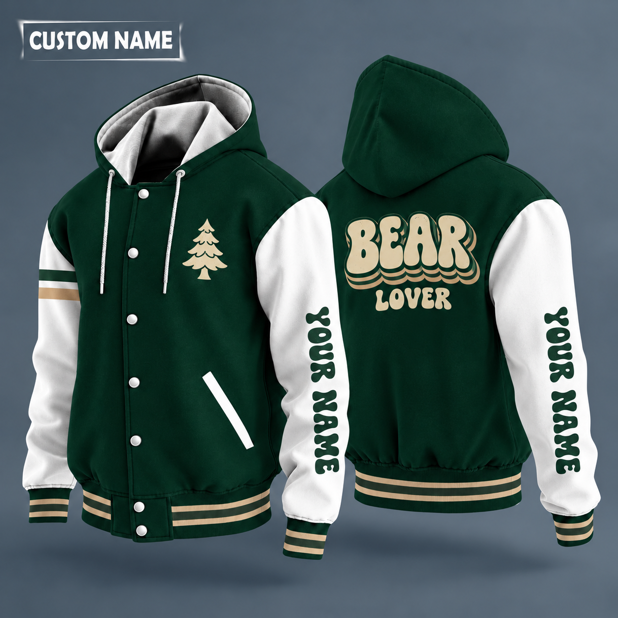 Hooded letterman jacket with white sleeves, black bear on the back, "BEAR" lettering and a custom name down one sleeve in a retro font