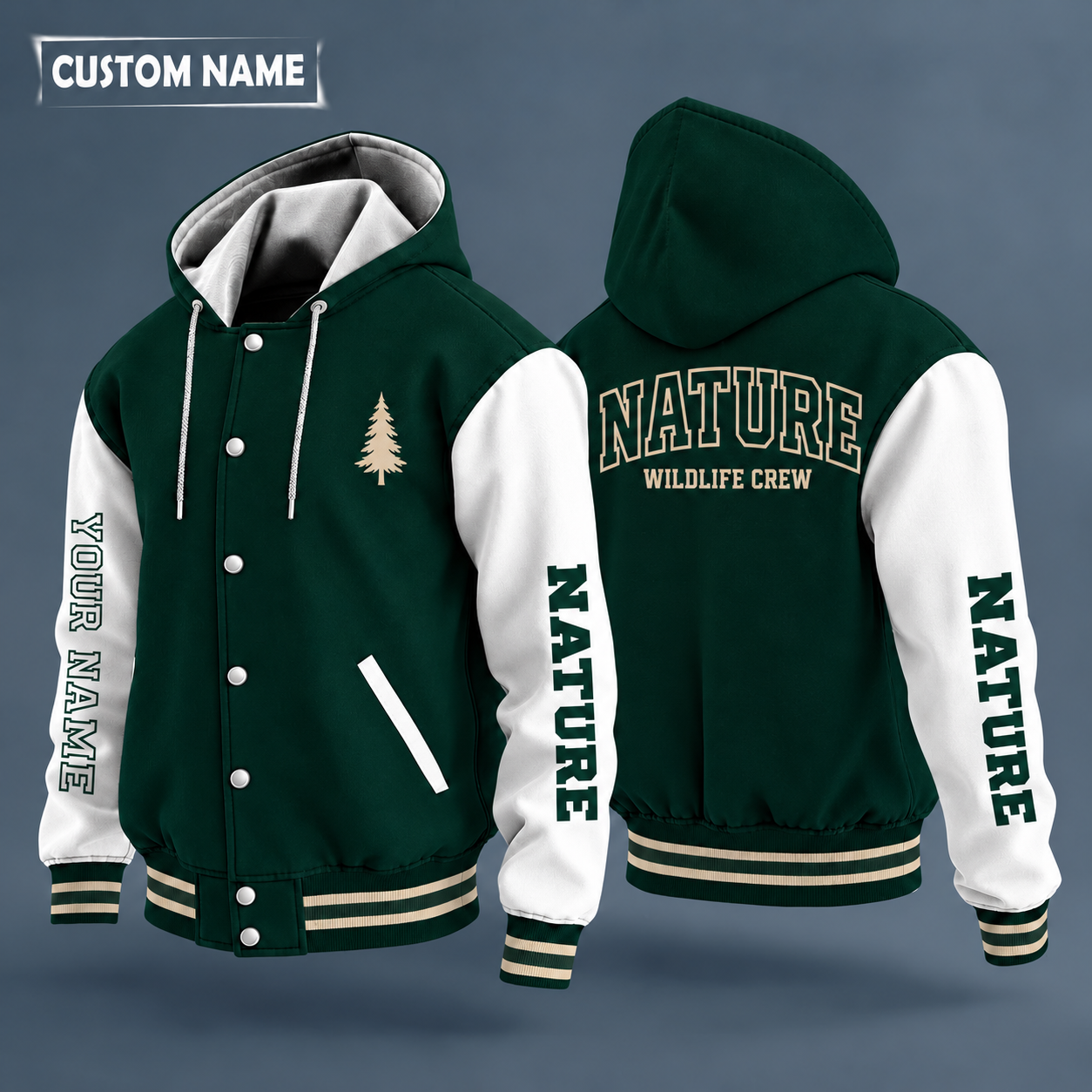 Hooded letterman jacket with white sleeves, bear on the back, "NATURE" lettering and a custom name down one sleeve in outlined capitals