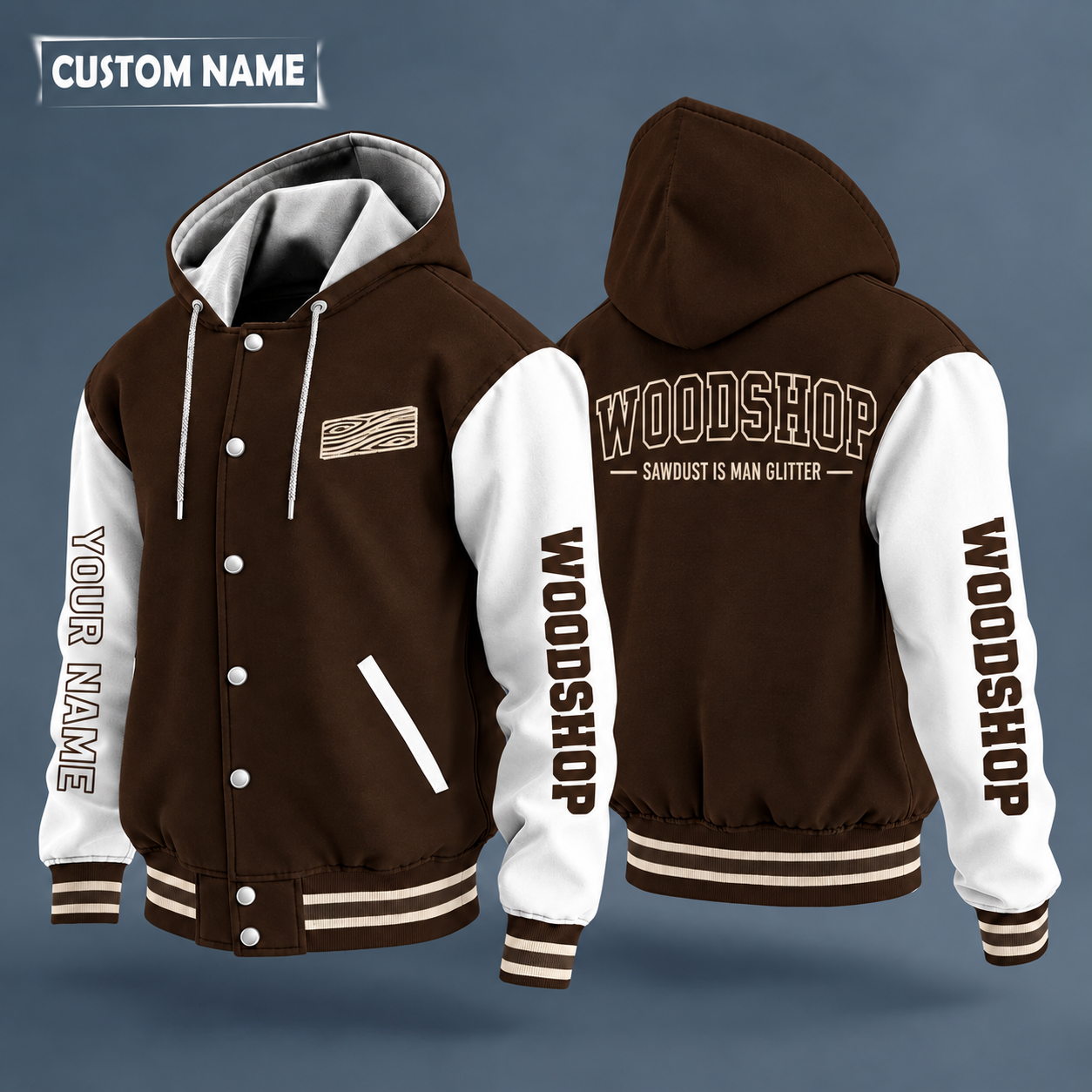 Hooded letterman jacket with white sleeves, crossed hammer and saw on the back, "WOODSHOP" lettering and a custom name down one sleeve in outlined capitals