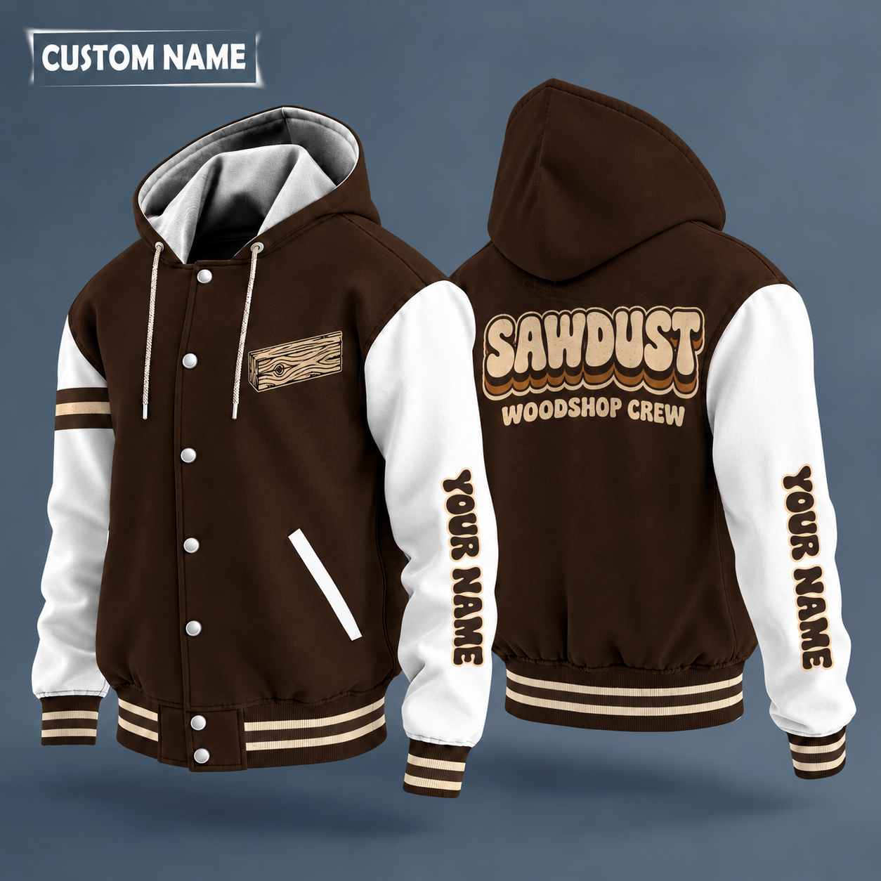 Hooded letterman jacket with white sleeves, crossed hammer and saw on the back, "SAWDUST" lettering and a custom name down one sleeve in a retro font