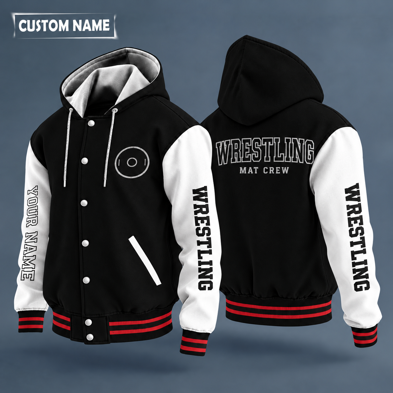 Hooded letterman jacket with white sleeves, wrestling headgear on the back, "WRESTLING" lettering and a custom name down one sleeve in outlined capitals