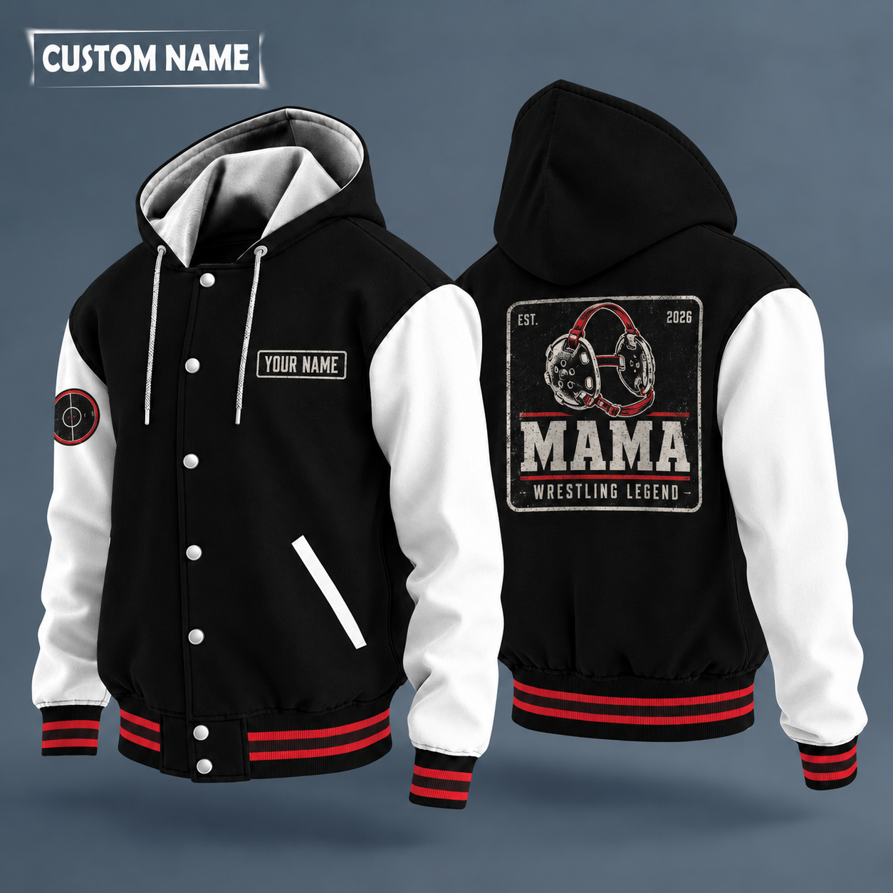 Hooded letterman jacket with white sleeves, wrestling headgear on the back, "MAMA" lettering and a custom name on a work-shirt style name tag print on the chest