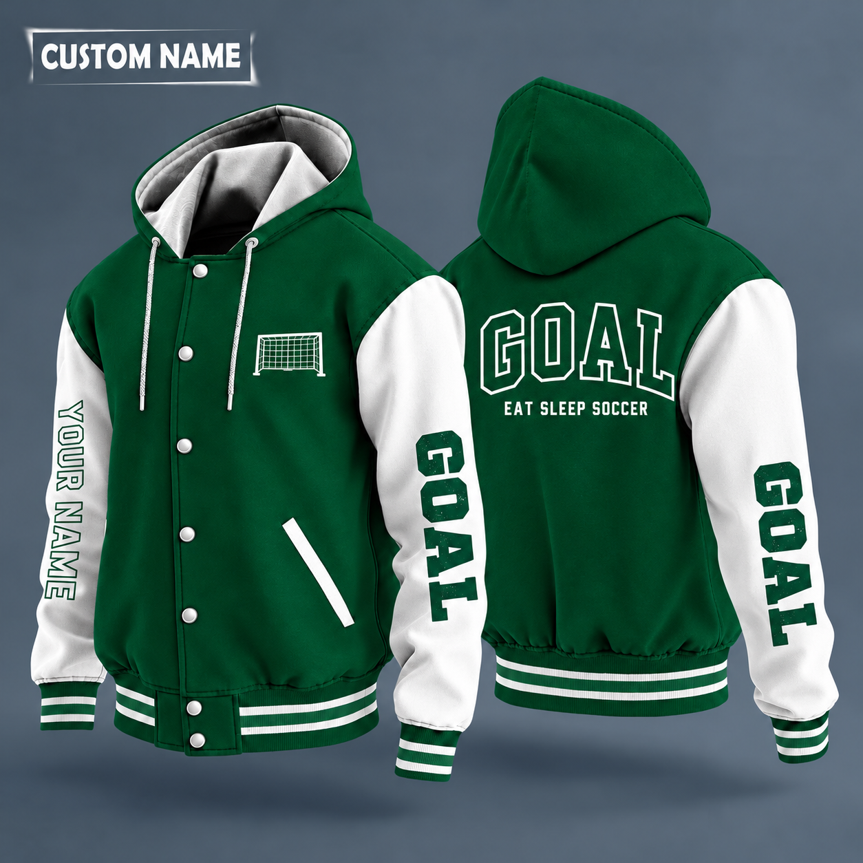 Hooded letterman jacket with white sleeves, soccer ball on the back, "GOAL" lettering and a custom name down one sleeve in outlined capitals